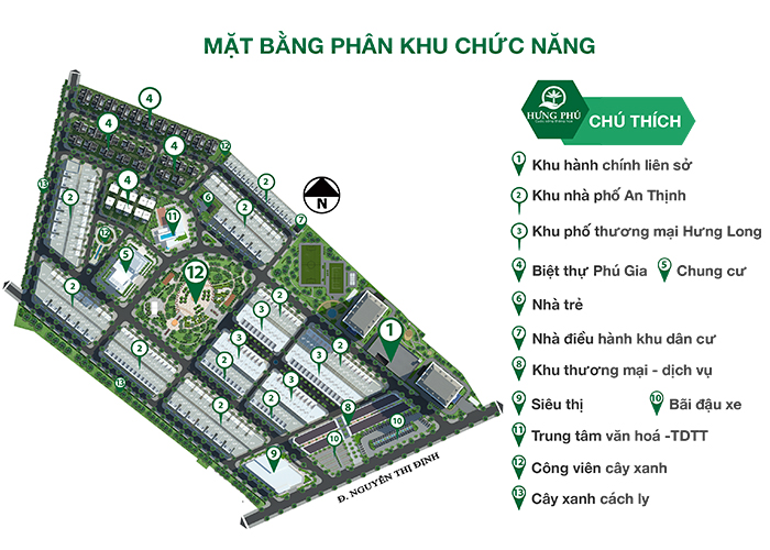 Sơ đồ phân khu chức năng vị trí từng khu đất tại khu đô thị Hưng Phú Thành Phố Bến Tre 